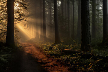Obraz premium A tranquil forest pathway in magis sunset.