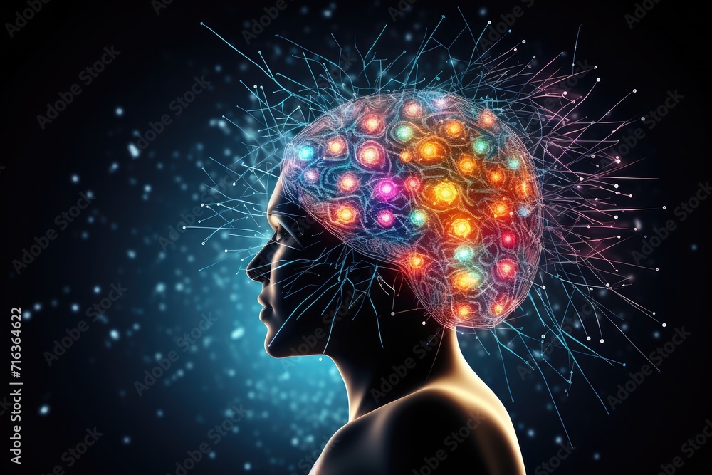 Poster colorful brain explosion creativity and neural connections. receptor specificity insight aging proce