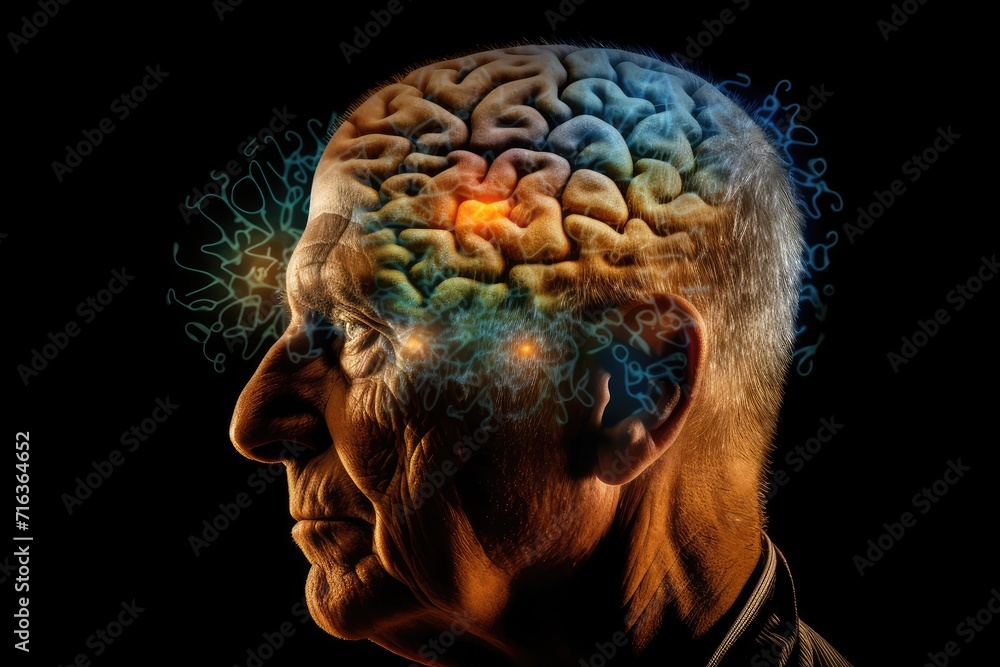 Poster colorful brain explosion creativity and neural connections. receptor specificity insight aging proce