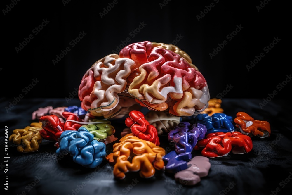 Poster colorful brain explosion creativity and neural connections. receptor specificity insight aging proce