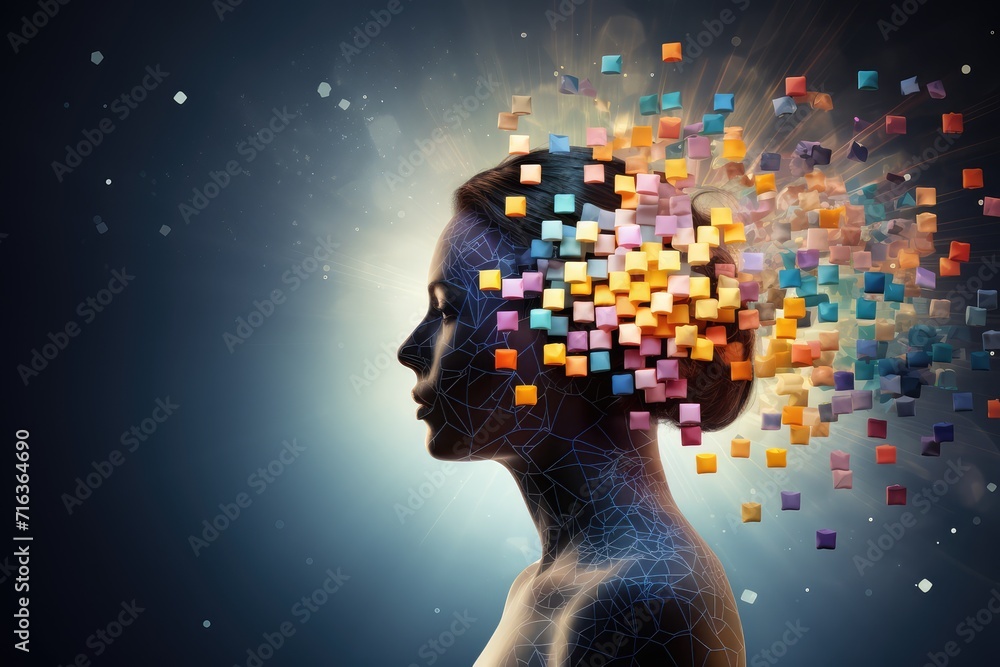 Poster colorful brain explosion creativity and neural connections. receptor specificity insight aging proce