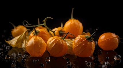Fresh cape gooseberries with water splashes and drops on black background