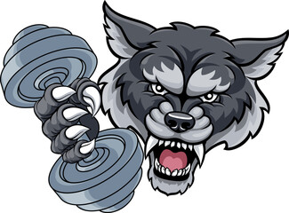 A wolf or werewolf dog weight lifting gym animal sports mascot holding a dumbbell weight in his claw