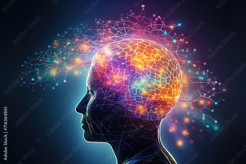 Poster colorful brain explosion creativity and neural connections. receptor specificity insight aging proce