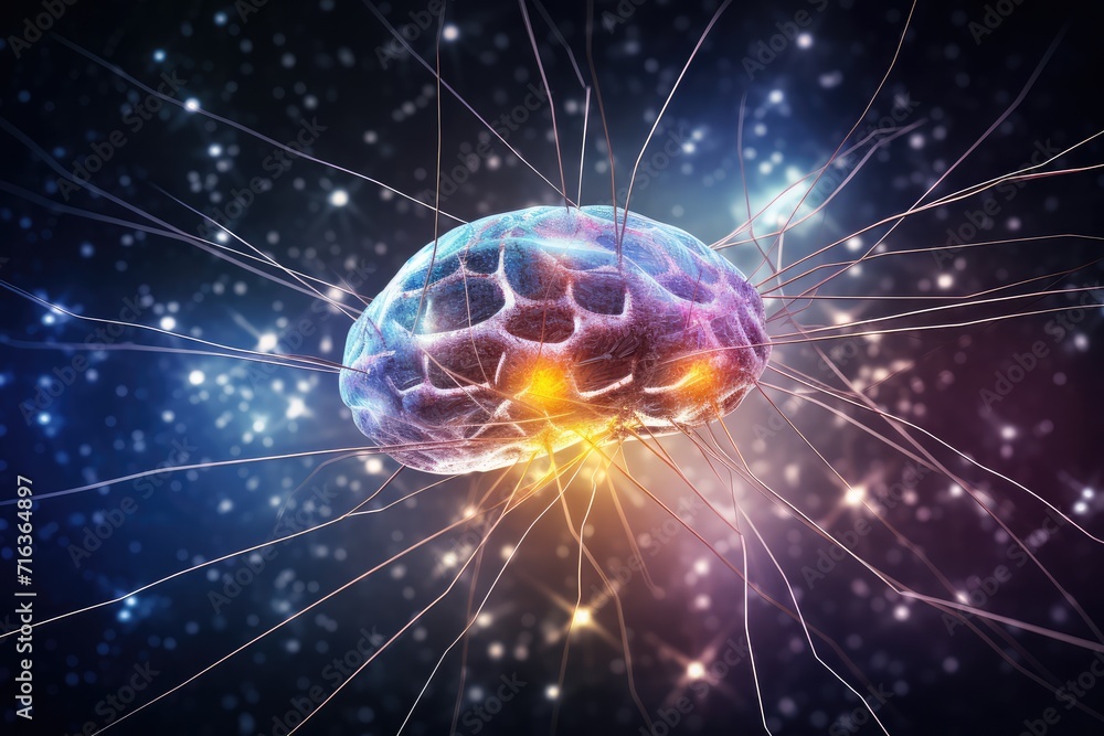 Poster colorful brain explosion creativity and neural connections. receptor specificity insight aging proce