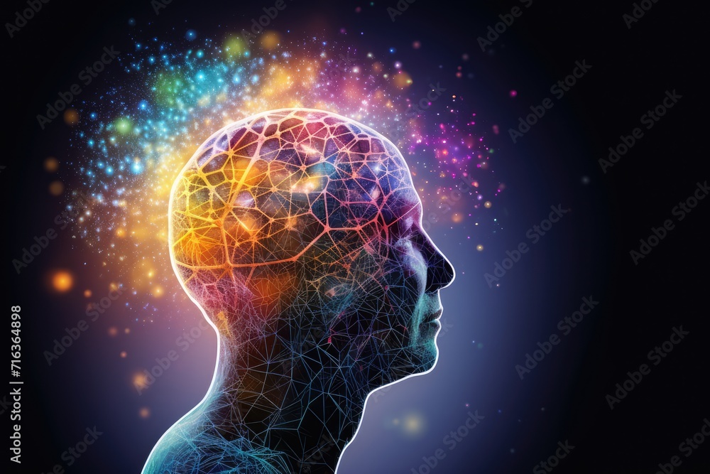 Poster colorful brain explosion creativity and neural connections. receptor specificity insight aging proce