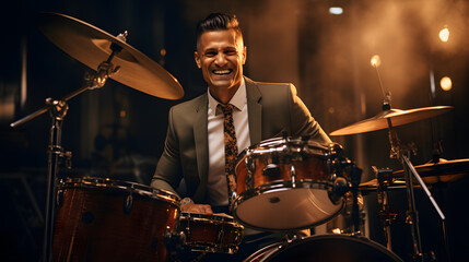 Fototapeta na wymiar A full body male drummer, natural sunlight pouring in, dressed in a professional suit