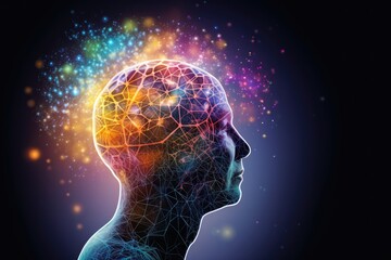 Obraz premium Colorful brain explosion creativity and neural connections. Receptor specificity insight aging process. Self improvement neurochemical pathways, flashes of inspiration. Neural synchronization decoding