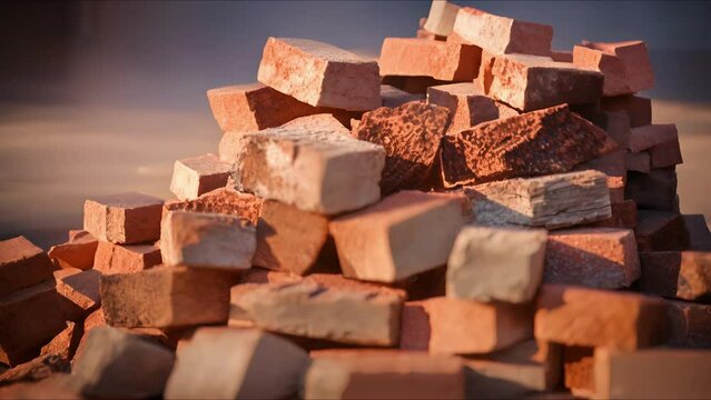 Closeup of a pile of reclaimed bricks, displaying their weathered and rustic appearance.