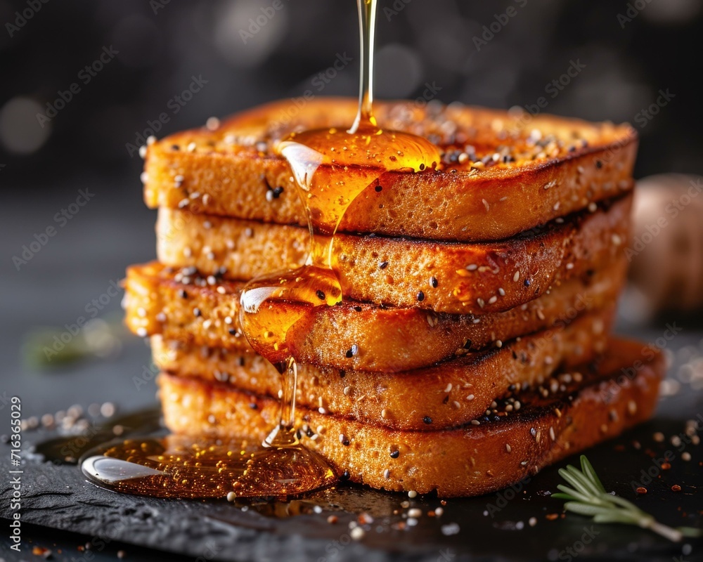 Poster a stack of french toast with honey and spices. generative ai.