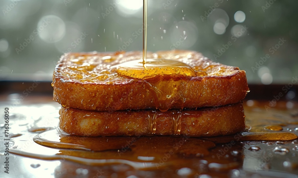 Poster a stack of french toast with honey dripping from it. generative ai.