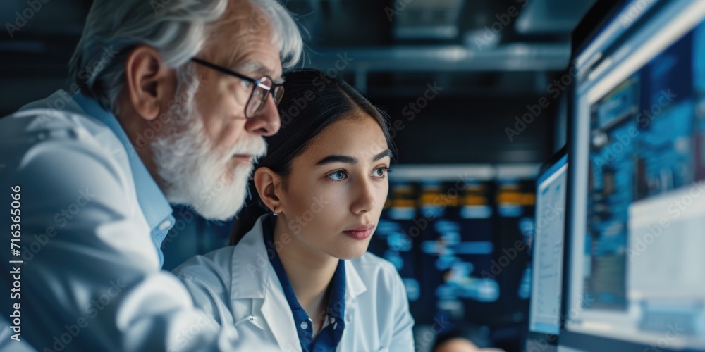 Aufkleber a man and woman in lab coats looking at computer screens. generative ai.