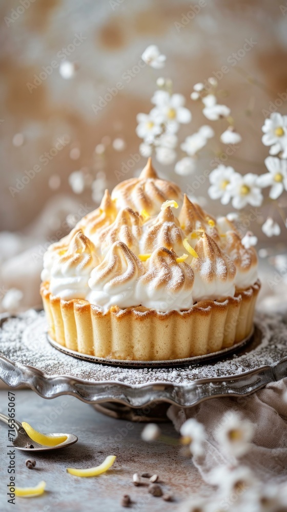 Poster lemon meringue pie on a rustic table with flowers. generative ai.
