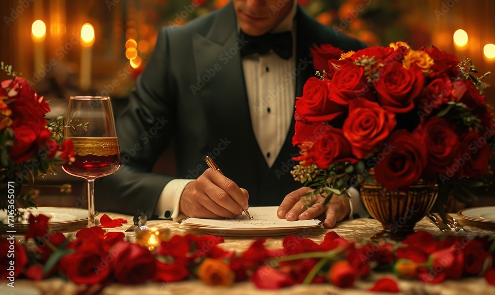 Poster a man in a tuxedo is signing a note. generative ai.