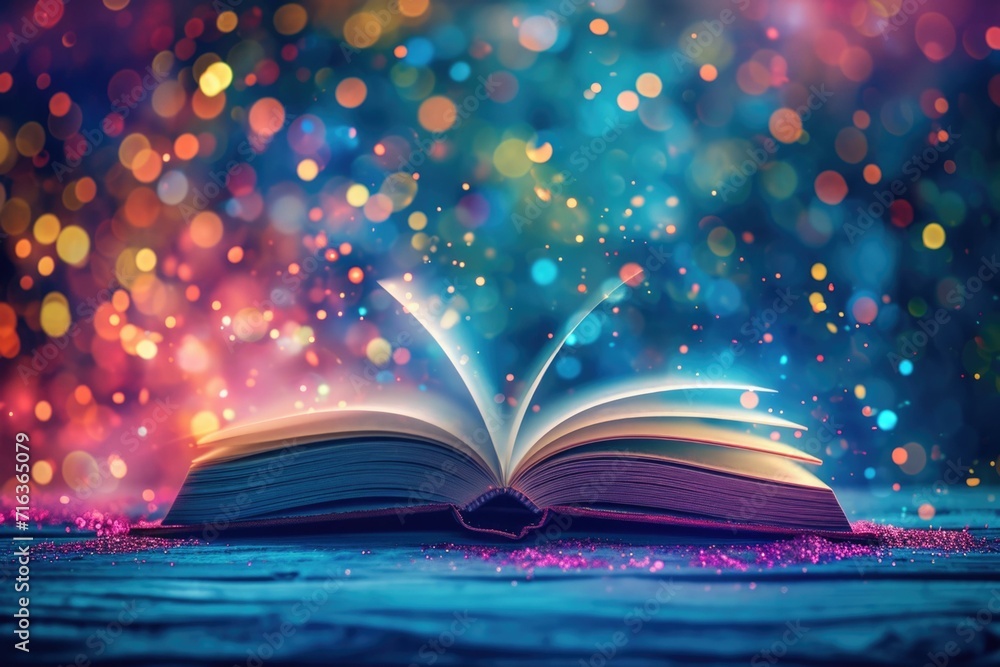 Poster an open book with sparkles on the table. generative ai.