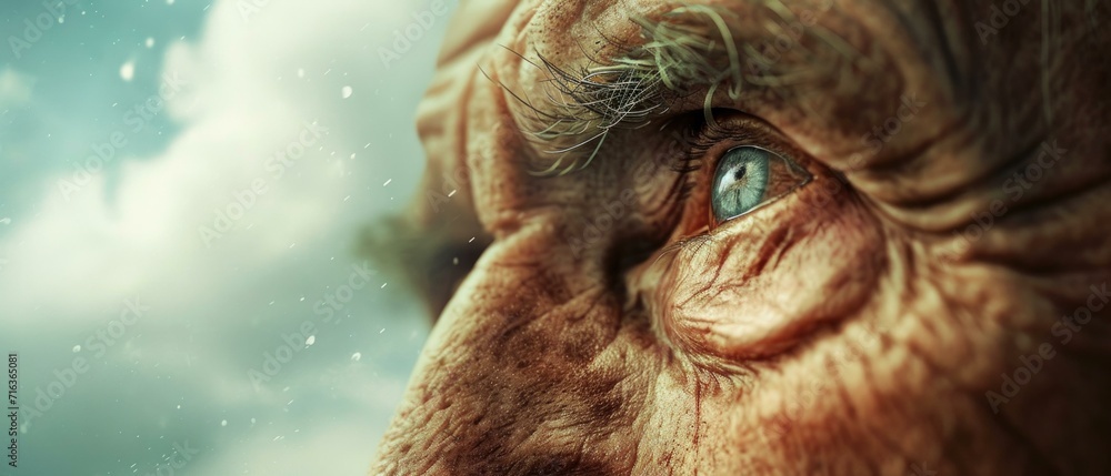 Poster an old man's face with a cloudy sky in the background. generative ai.