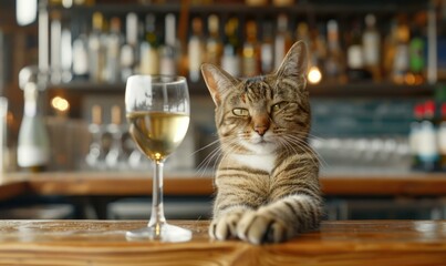A cat sitting at a bar with a glass of wine. Generative AI.
