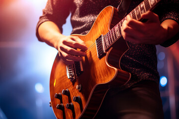 Obraz premium Guitar player performs on stage. Rock guitarist plays solo on an electric guitar.