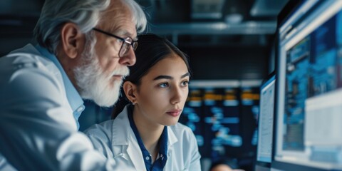 A man and woman in lab coats looking at computer screens. Generative AI.