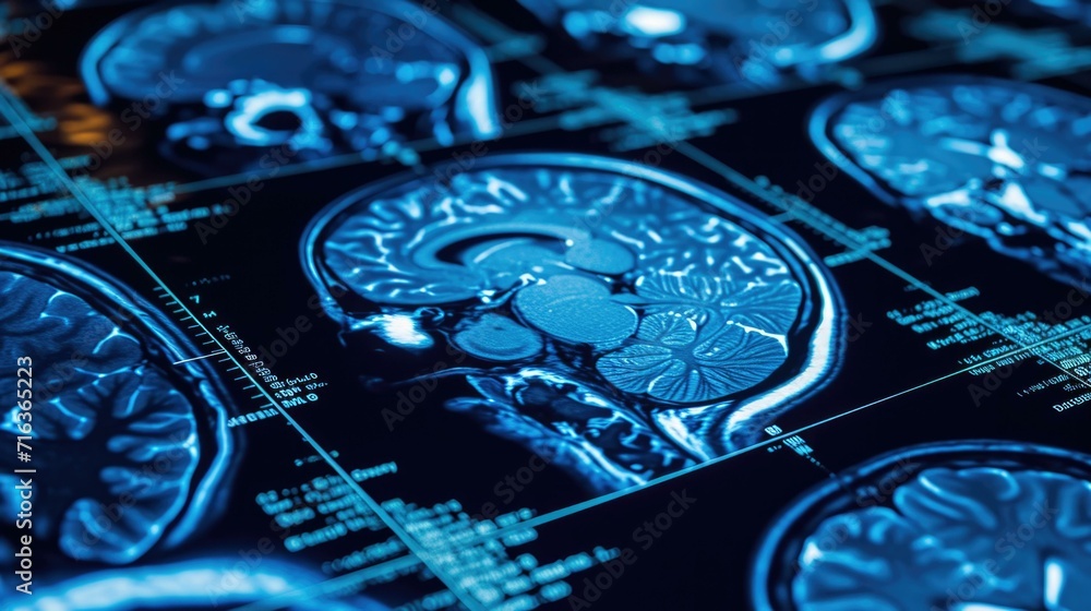 Poster mri brain scan image with blue background. generative ai.