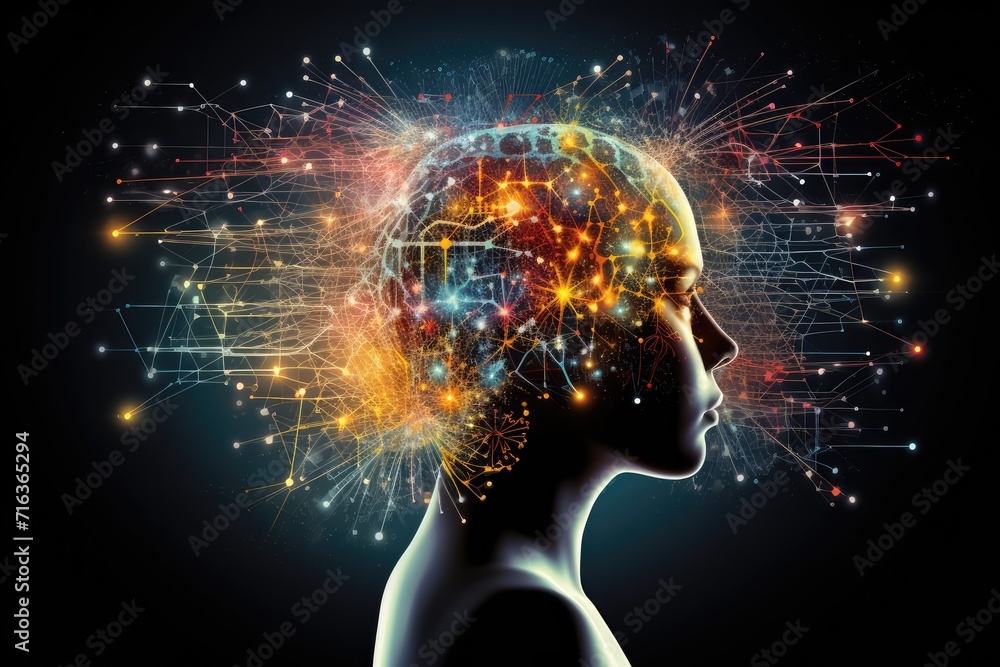 Poster colorful brain explosion creativity and neural connections. receptor specificity insight aging proce
