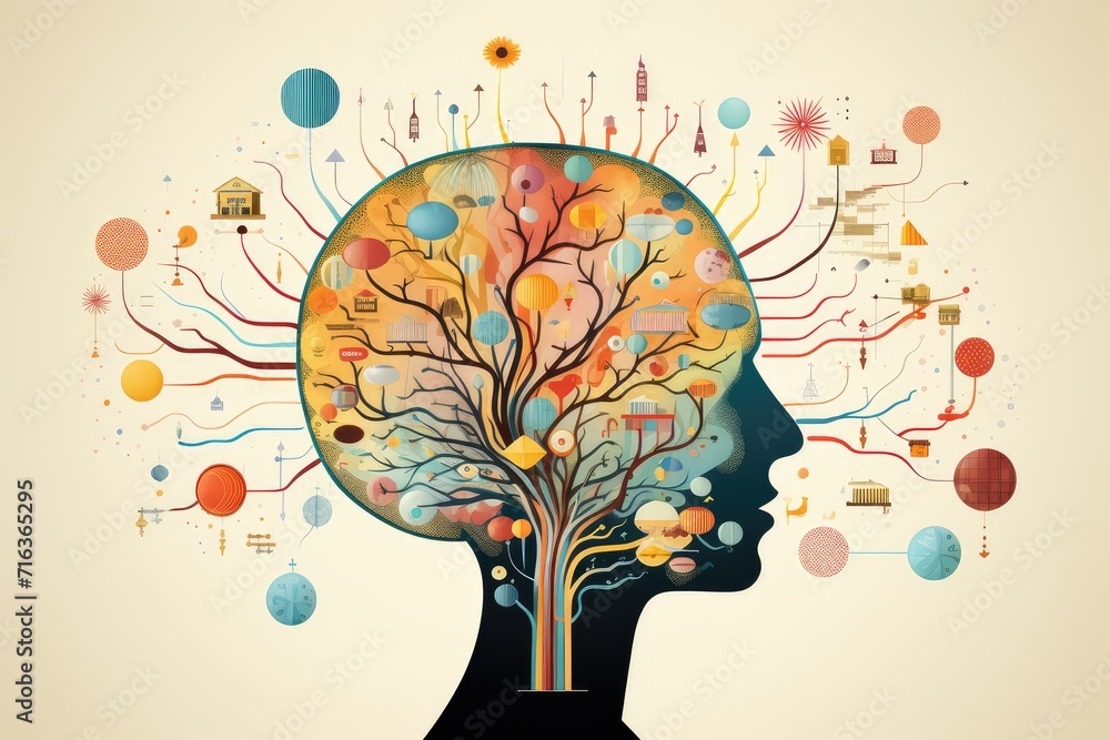 Poster colorful brain explosion creativity and neural connections. receptor specificity insight aging proce