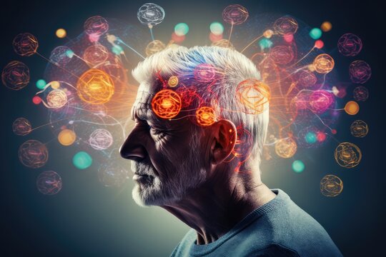 Colorful brain explosion creativity and neural connections. Receptor specificity insight aging process. Self improvement neurochemical pathways, flashes of inspiration. Neural synchronization decoding