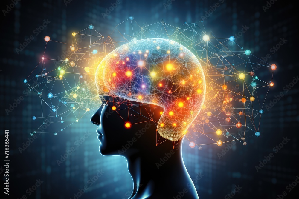 Poster colorful brain explosion creativity and neural connections. receptor specificity insight aging proce