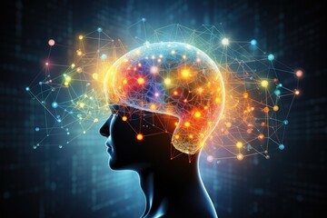 Obraz premium Colorful brain explosion creativity and neural connections. Receptor specificity insight aging process. Self improvement neurochemical pathways, flashes of inspiration. Neural synchronization decoding