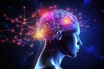 Obraz premium Colorful brain explosion creativity and neural connections. Receptor specificity insight aging process. Self improvement neurochemical pathways, flashes of inspiration. Neural synchronization decoding