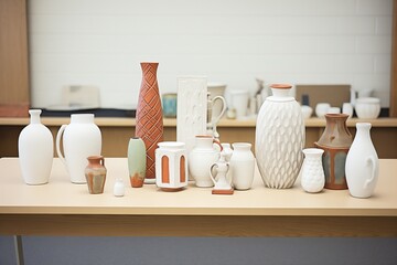 unglazed ceramics arranged for a pottery exhibit - obrazy, fototapety, plakaty