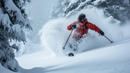 Fototapeta na wymiar Man skiing in deep powder snow, Krippenstein, Gmunden, Austria 