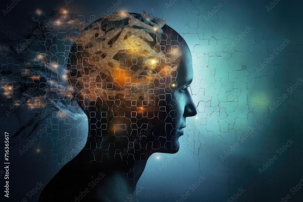 Poster colorful brain explosion creativity and neural connections. receptor specificity insight aging proce