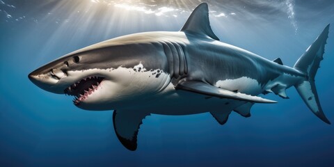 Fototapeta premium colossal great white shark, its obsidian form a fleeting predator against the azure canvas..