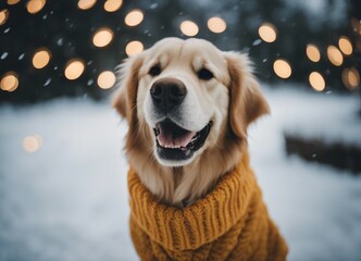 Portrait of a cute golden retriever smiling in a sweater in snowy weather backyard
