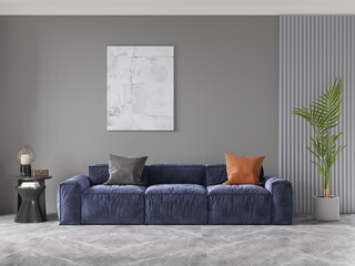 Mock up of an amazing living room with a modern comfortable sofa and a stylish hipster background, 3D rendering.