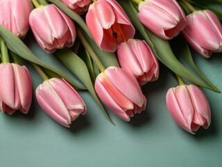 Beautiful pink tulips in craft paper on green pastel background with copy space, spring time, mother's day.