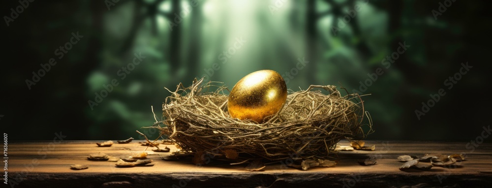 Poster golden egg in nest with nuts and leaves. generative ai.