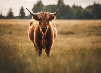 Portrait of single highland cow standing in field, summer day 