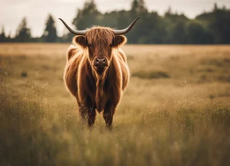 Poster de jardin Highlander écossais Portrait of single highland cow standing in field, summer day 