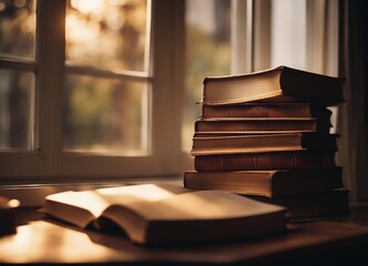 old hardcover books on a wooden table by the window, dim light, warm tones
