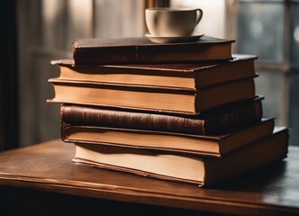old hardcover books on a wooden table by the window, dim light, warm tones
