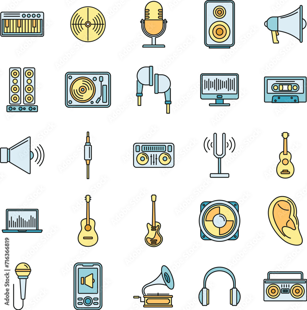 Poster acoustics audio icons set. outline set of acoustics audio vector icons thin line color flat on white