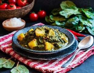 Indian Cuisine of Spinach and Potatoes