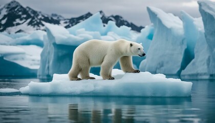 aerial view of polar bear on iceberg alone with mountain, glacier and ocean; global warming
