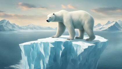 aerial view of polar bear on iceberg alone with mountain, glacier and ocean; global warming. dijital art style.
