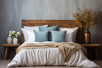 Front_view_of_a_hotel_bed_with_dark_blue_pillows_close