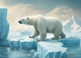 aerial view of polar bear on iceberg alone with mountain, glacier and ocean; global warming. dijital art style.

