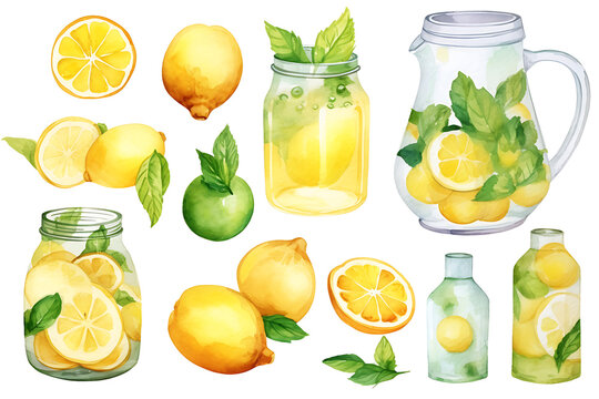 hand drawn Watercolor clipart set of ingredients for citrus lemonade Preparing isolated on transparent background