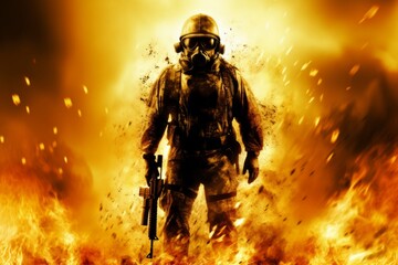 A dramatic depiction of a soldier decked out in full combat gear and a gas mask, stepping forward with determination amidst a blazing inferno. The intense fiery background and shower of embers create - obrazy, fototapety, plakaty